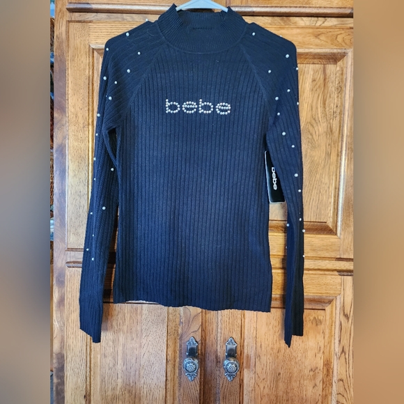 Bebe Long Sleeve Rhinestone Logo Fitted Sweater Size XL - Picture 3 of 10